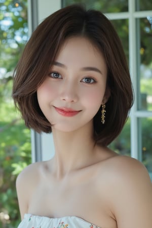 (a model of a Asian woman, dressed in a high-neck white strapless dress adorned with a floral pattern. Her short hair. Her eyes are a piercing blue, her lips are a deep red, and she is wearing a pair of gold earrings, adding a touch of sparkle to her face. The backdrop is a verdant window, providing a natural backdrop to the scene. 
Natural pose, starry night, Lens flare, Kind smile, Feminine, gentle expression.

High quality, quality, high details, detail, super detailed, Beautiful detailed face, beautiful face, beautiful detailed facial features, beautiful detailed eyes, porcelain Complexion, short Bob Hair, Side Ponytail, Ample round bosom, hourglass figure, Anatomically correct,

Natural lighting, Cowboy Shot, Close-up shot, Award-winning, Masterpiece, Bokeh background, SAFE FOR WORK. SFW.)