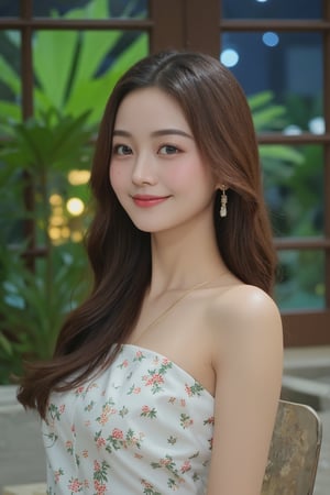 (a model of a Asian woman, dressed in a high-neck white strapless dress adorned with a floral pattern. Her long straight hair cascades over her shoulders. Her eyes are a piercing blue, her lips are a deep red, and she is wearing a pair of gold earrings, adding a touch of sparkle to her face. The backdrop is a verdant window, providing a natural backdrop to the scene. 
Natural pose, night sky, Lens flare, Kind smile, Feminine, gentle, expression.

High quality, quality, high details, detail, super detailed, Beautiful detailed face, beautiful face, beautiful detailed facial features, beautiful detailed eyes, porcelain Complexion, short Bob Hair, Side Ponytail, Ample round bosom, hourglass figure, Anatomically correct, head-to-knee,

Natural lighting, Cowboy Shot, from side, Award-winning, Masterpiece, Bokeh background, SAFE FOR WORK. SFW.)