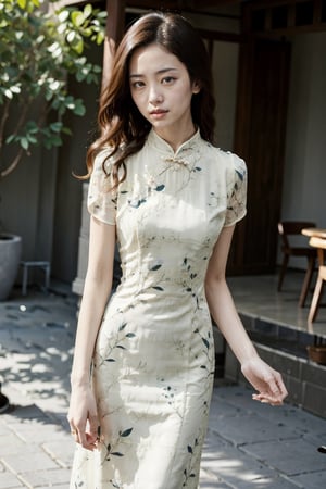 A delicate Japanese woman, adorned in a cheongsam dress, stands radiantly under soft, warm lighting. The camera's focus falls on her captivating curves, subtly blurring the background as she poses with elegance and poise. Her expression is serene, inviting the viewer to step into her tranquil world.