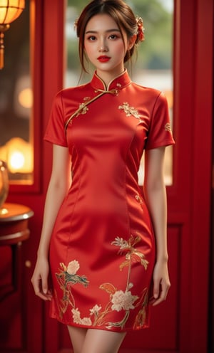 (A youthful & gorgeous Korean-Japanese beauty, Red Cheongsam Traditional Qipao dress, intricate patterns, Pasar Malam, Night Market. Warm, soft-boiled lighting. Porcelain Complexion. Translucent silky sleeves. Short Ponytail. Ample round bosom, natural pose, kind smile. Masterpiece. Bokeh. SAFE FOR WORK.)