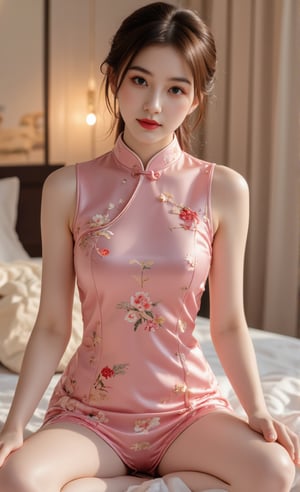 (A youthful & gorgeous Korean-Japanese beauty, Pink Cheongsam, Traditional Qipao dress, intricate patterns, Long Translucent silky sleeves. Indoor. Night. Sitting on a bed. Looking at the viewer. Natural pose, kind smile. 

award winning, anatomically correct, high quality, quality, high details, detail, super detailed, Beautiful detailed face. Beautiful detailed eyes. Beautiful detailed facial features. Beautiful Face. Porcelain Complexion. Short Bob Hair. Side Ponytail. Ample round bosom. Anatomically correct.

Warm, soft-boiled lighting. Masterpiece. Face Close-up. Cowboy shot. Head-to-toe. Bokeh. SAFE FOR WORK. SFW.)