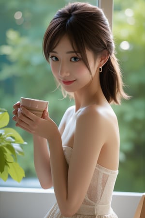 (a model of a Asian woman, dressed in a white strapless dress adorned with a floral pattern. She is holding a cup of coffee, her hair cascades over her shoulders. Her eyes are a piercing blue, her lips are a deep red, and she is wearing a pair of gold earrings, adding a touch of sparkle to her face. A verdant window provides a natural backdrop to the scene. 
Natural sitting pose, romantic night, Lens Flare, Kind smile, Feminine, gentle, playful expression.

High quality, quality, high details, detail, super detailed, Beautiful detailed face, beautiful face, beautiful detailed facial features, beautiful detailed eyes, porcelain Complexion, Short Bob Hair, Side Ponytail, Ample round bosom, hourglass figure, Anatomically correct, head-to-waist,

Candle lighting, Cowboy Shot, From Behind, From Side, Close-up shot, Award-winning, Masterpiece, Bokeh background, SAFE FOR WORK. SFW.)