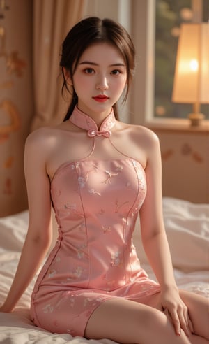 (A youthful & gorgeous Korean-Japanese beauty, Pink Cheongsam, Traditional Qipao dress, intricate patterns, Long Translucent silky sleeves. Indoor. Night. Sitting on a bed. Looking at the viewer. Natural pose, kind smile. 

award winning, anatomically correct, high quality, quality, high details, detail, super detailed, Beautiful detailed face. Beautiful detailed eyes. Beautiful detailed facial features. Porcelain Complexion. Short Bob Hair. Side Ponytail. Ample round bosom. Anatomically correct.

Warm, soft-boiled lighting. Masterpiece. Face Close-up. Cowboy shot. Head-to-toe. Bokeh. SAFE FOR WORK. SFW.)