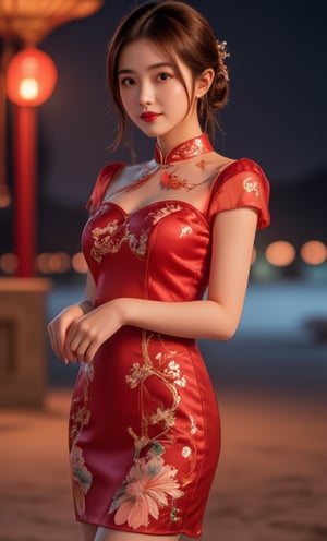 (A youthful & gorgeous Korean-Japanese beauty, Red Cheongsam, Traditional Qipao dress, intricate patterns, Translucent silky sleeves. Outdoor walk, Night Sky. From side. Looking at the viewer.

award winning, anatomically correct, high quality, quality, high details, detail, super detailed, Beautiful detailed face. Beautiful detailed eyes. Beautiful detailed facial features. Porcelain Complexion. Short Bob Hair. Side Ponytail. Red High heels. Ample round bosom. Anatomically correct. Natural pose, kind smile. 

 Warm, soft-boiled lighting. Masterpiece. Head-to-toe. Bokeh. SAFE FOR WORK. SFW.)