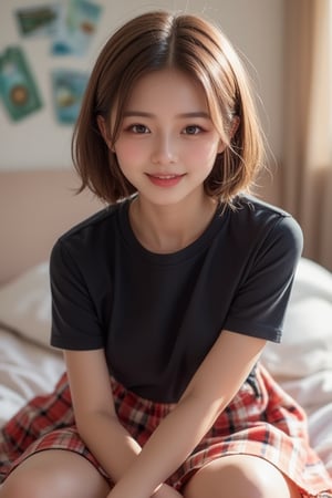 1girl, solo, looking at viewer, smile, short hair, skirt, brown hair, shirt, sitting, short sleeves, teeth, indoors, grin, plaid, black shirt, bed, on bed, plaid skirt, realistic