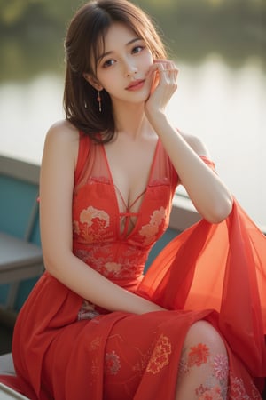 (A youthful & gorgeous Korean-Japanese beauty, Fashion model, Vibrant Red Traditional Qipao, Cheongsam, Chinese dress, Intricate patterns, Translucent silky sleeves, sits on a boat, river, Morning Dawn, Looking at the viewer, Natural pose, Kind smile, Feminine, gentle expression.

High quality, quality, high details, detail, super detailed, Beautiful detailed face, beautiful face, beautiful detailed facial features, beautiful detailed eyes, porcelain Complexion, short Bob Hair, Side Ponytail, Ample round bosom, Hourglass Figure, Anatomically correct, head-to-knee.

Natural lighting, Vivid Colours, High Angle Shot, Cowboy shot, Close-up Shot, Award-winning, Masterpiece, Bokeh background, SAFE FOR WORK. SFW.)