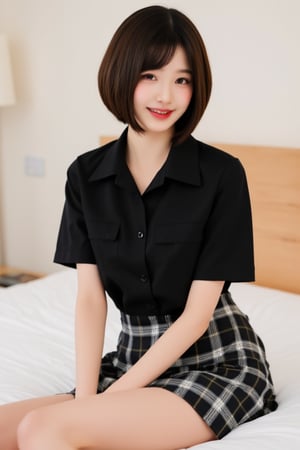 1girl, solo, looking at viewer, smile, short hair, skirt, brown hair, shirt, sitting, short sleeves, teeth, indoors, grin, plaid, black shirt, bed, on bed, plaid skirt, realistic