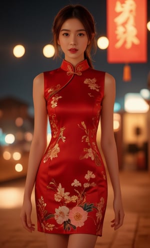 (A youthful & gorgeous Korean-Japanese beauty, Red Cheongsam, Traditional Qipao dress, intricate patterns, Translucent silky sleeves. Outdoor walk, Night Sky. From side. Looking at the viewer.

award winning, anatomically correct, high quality, quality, high details, detail, super detailed, Beautiful detailed face. Beautiful detailed eyes. Beautiful detailed facial features. Porcelain Complexion. Short Bob Hair. Side Ponytail. Red High heels. Ample round bosom. Anatomically correct. Natural pose, kind smile. 

 Warm, soft-boiled lighting. Masterpiece. Head-to-toe. Bokeh. SAFE FOR WORK. SFW.)