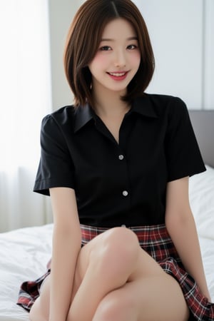 1girl, solo, looking at viewer, smile, short hair, skirt, brown hair, shirt, sitting, short sleeves, teeth, indoors, grin, plaid, black shirt, bed, on bed, plaid skirt, realistic