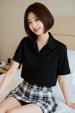 1girl, solo, looking at viewer, smile, short hair, skirt, brown hair, shirt, sitting, short sleeves, teeth, indoors, grin, plaid, black shirt, bed, on bed, plaid skirt, realistic