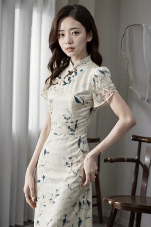 A stunning Chinese woman posing with poise in a sleek, modern setting, her fiery red cheongsam dress illuminated by soft, warm lighting. The camera's shallow depth of field highlights the curves of her figure, as she stands confidently with her hands resting elegantly at her hip.