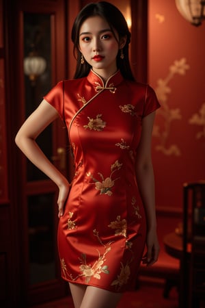 A serene Asian woman stands poised in a dimly lit, intimate setting, her stunning cheongsam dress illuminated by soft, warm tones. The porcelain perfection of her complexion is highlighted beneath the gentle glow, as she poses with confidence and poise. Her long, silky sleeves cascade elegantly down her ample bosom, drawing attention to her curvaceous figure.