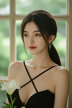 (a model of a Asian woman, dressed in a black dress with Crisscrossed front straps. She is holding a white peace lily, her hair cascades over her shoulders. Her eyes are a piercing blue, her lips are a deep red, and she is wearing a pair of gold earrings, adding a touch of sparkle to her face. The backdrop is a verdant window of a flower shop, providing a natural backdrop to the scene. 
Natural pose, morning dawn, Sun Flare, Kind smile, Feminine, gentle expression.

High quality, quality, high details, detail, super detailed, Beautiful detailed face, beautiful face, beautiful detailed facial features, beautiful detailed eyes, porcelain Complexion, short Bob Hair, Side Ponytail, Ample round bosom, hourglass figure, Anatomically correct,

Natural lighting, Cowboy Shot, Close-up shot, Award-winning, Masterpiece, Bokeh background, SAFE FOR WORK. SFW.)