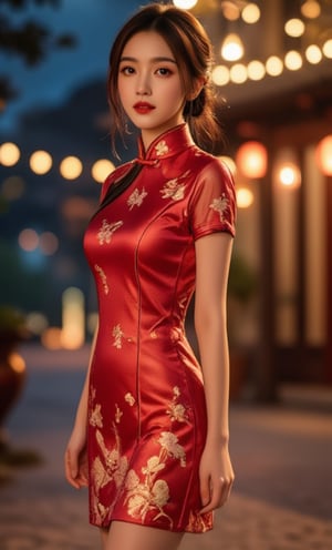 (A youthful & gorgeous Korean-Japanese beauty, Red Cheongsam, Traditional Qipao dress, intricate patterns, Translucent silky sleeves. Outdoor walk, Night Sky. From side. Looking at the viewer.

Details. High Details. Beautiful detailed face. Beautiful detailed eyes. Beautiful detailed facial features. Porcelain Complexion. Short Bob Hair. Side Ponytail. Red High heels. Ample round bosom. Anatomically correct. Natural pose, kind smile. 

 Warm, soft-boiled lighting. Masterpiece. Head-to-toe. Bokeh. SAFE FOR WORK. SFW.)