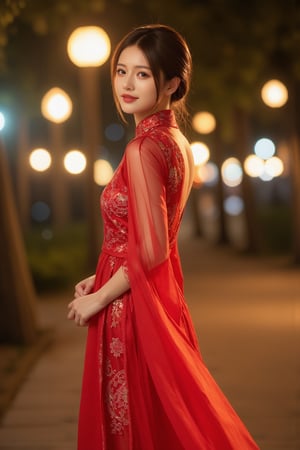 (A youthful & gorgeous Korean-Japanese beauty, Fashion model, Vibrant Red Traditional Qipao, Cheongsam, Chinese dress, Intricate patterns, Translucent silky sleeves, Outdoor, Night, Looking at the viewer, Natural pose, Kind smile, Feminine, gentle expression.

High quality, quality, high details, detail, super detailed, Beautiful detailed face, beautiful face, beautiful detailed facial features, beautiful detailed eyes, porcelain Complexion, short Bob Hair, Side Ponytail, Ample round bosom, hourglass figure, Anatomically correct, head-to-knee.

Warm, soft-boiled lighting, Spotlight, Cowboy shot，from behind, Award-winning, Masterpiece, Bokeh background, SAFE FOR WORK. SFW.)