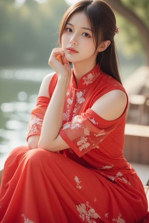 (A youthful & gorgeous Korean-Japanese beauty, Fashion model, Vibrant Red Traditional Qipao, Cheongsam, Chinese dress, Intricate patterns, Translucent silky sleeves, sits on a boat, river, Morning Dawn, Looking at the viewer, Natural pose, Kind smile, Feminine, gentle expression.

High quality, quality, high details, detail, super detailed, Beautiful detailed face, beautiful face, beautiful detailed facial features, beautiful detailed eyes, porcelain Complexion, short Bob Hair, Side Ponytail, Hourglass Figure, Anatomically correct, head-to-knee.

Natural lighting, Vivid Colours, High Angle Shot, Cowboy shot, Close-up Shot, Award-winning, Masterpiece, Bokeh background, SAFE FOR WORK. SFW.)