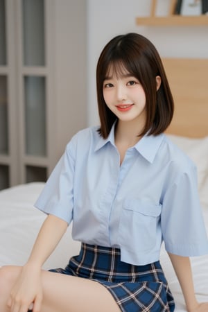 (1girl, solo, looking at viewer, smile, short hair, skirt, brown hair, shirt, sitting, short sleeves, teeth, indoors, grin, plaid, light colour shirt, bed, on bed, plaid skirt, realistic, high details, masterpiece, bokeh, safe for work)