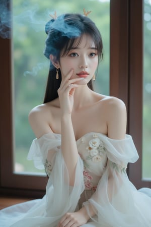 (a model of a Asian woman, dressed in a high-neck white strapless dress adorned with a floral pattern. She is smoking a cigarette, her hair cascades over her shoulders. Her eyes are a piercing blue, her lips are a deep red, and she is wearing a pair of gold earrings, adding a touch of sparkle to her face. A verdant window, providing a natural backdrop to the scene. Starry Night. Smoke surroundings.
Natural pose, Kind smile, Feminine, gentle expression.

High quality, quality, high details, detail, super detailed, Beautiful detailed face, beautiful face, beautiful detailed facial features, beautiful detailed eyes, porcelain Complexion, short straight hair, Bob Hair, Side Ponytail, Ample round bosom, hourglass figure, Anatomically correct, head-to-knee,

Neon lighting, Cowboy shot, Award-winning, Masterpiece, Bokeh background, SAFE FOR WORK. SFW.)