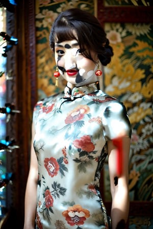 A delicate Japanese woman, adorned in a cheongsam dress, stands radiantly under soft, warm lighting. The camera's focus falls on her captivating curves, subtly blurring the background as she poses with elegance and poise. Her expression is serene, inviting the viewer to step into her tranquil world.