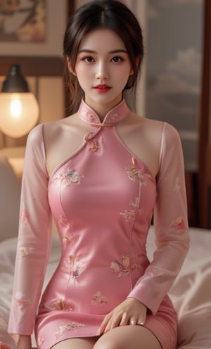 (A youthful & gorgeous Korean-Japanese beauty, Pink Cheongsam, Traditional Qipao dress, intricate patterns, Long Translucent silky sleeves. Indoor. Night. Sitting on a bed. Looking at the viewer. Natural pose, kind smile. 

award winning, anatomically correct, high quality, quality, high details, detail, super detailed, Beautiful detailed face. Beautiful detailed eyes. Beautiful detailed facial features. Porcelain Complexion. Short Bob Hair. Side Ponytail. Ample round bosom. Anatomically correct.

Warm, soft-boiled lighting. Masterpiece. Face Close-up. Cowboy shot. Head-to-toe. Bokeh. SAFE FOR WORK. SFW.)