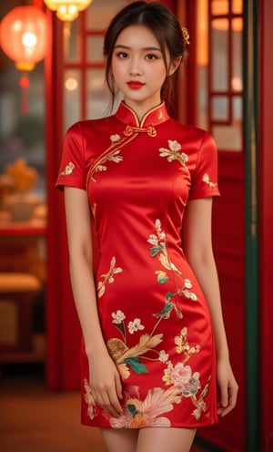 (A youthful & gorgeous Korean-Japanese beauty, Red Cheongsam Traditional Qipao dress, intricate patterns, Pasar Malam, Night Market. Warm, soft-boiled lighting. Porcelain Complexion. Translucent silky sleeves. Short Ponytail. Ample round bosom, natural pose, kind smile. Masterpiece. Bokeh. SAFE FOR WORK.)