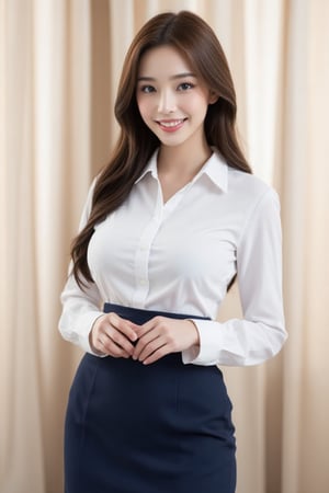 A stunning Japanese woman poses with confident allure before a beige curtain, her long brown hair cascading down her back like a waterfall. She wears a crisp white button-down shirt and a navy blue skirt that accentuates her hourglass figure. Her full lips slightly parted, eyes half-open, and gentle smile radiate kindness. The window in the background adds depth, while the subtle sheen on her skin catches the light, highlighting her well-endowed physique. Cowboy shot, SuchSkin,better pose,dynamic pose, masterpiece.