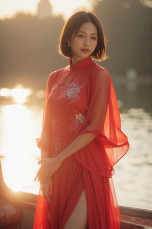 (A youthful & gorgeous Korean-Japanese beauty, Fashion model, Vibrant Red Traditional Qipao, Cheongsam, Chinese dress, Intricate patterns, Translucent silky sleeves, Natural pose, on a boat, river, morning dawn, Sun Flare, Lens flare, Kind smile, Feminine, gentle expression.

High quality, quality, high details, detail, super detailed, Beautiful detailed face, beautiful face, beautiful detailed facial features, beautiful detailed eyes, porcelain Complexion, short Bob Hair, Side Ponytail, Ample round bosom, Anatomically correct, head-to-knee.

Natural lighting, Cowboy shot, Award-winning, Masterpiece, Bokeh background, SAFE FOR WORK. SFW.)