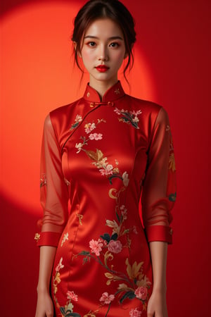 A tranquil Korean-Japanese beauty wears a stunning red cheongsam dress with intricate patterns, standing confidently beneath warm, soft-boiled lighting that accentuates her porcelain complexion. Her translucent silky long sleeves drape elegantly, framing her ample round bosom, sexy pose.