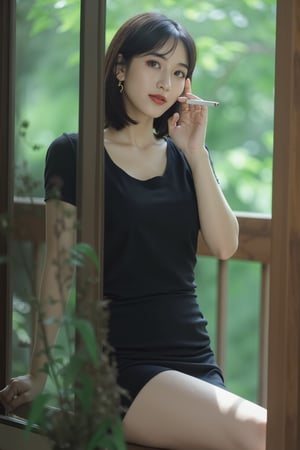 (a model of a Asian woman, dressed in tight black T-shirt, mini-skirt. She is smoking a cigarette, her hair cascades over her shoulders. Her eyes are a piercing blue, her lips are a deep red, and she is wearing a pair of gold earrings, adding a touch of sparkle to her face. A verdant window, providing a natural backdrop to the scene. Starry Night. Smoke surroundings.
Natural pose, Kind smile, Feminine, gentle expression.

High quality, quality, high details, detail, super detailed, Beautiful detailed face, beautiful face, beautiful detailed facial features, beautiful detailed eyes, porcelain Complexion, short straight hair, Bob Hair, Side Ponytail, Ample round bosom, hourglass figure, Anatomically correct, head-to-knee,

Natural lighting, Cowboy shot, Award-winning, Masterpiece, Bokeh background, SAFE FOR WORK. SFW.)