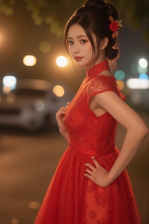 (A youthful & gorgeous Korean-Japanese beauty, Fashion model, Vibrant Red Traditional Qipao, Cheongsam, Chinese dress, Intricate patterns, Translucent silky sleeves, Outdoor, Night, Looking at the viewer, Natural pose, Kind smile, Feminine, gentle expression.

High quality, quality, high details, detail, super detailed, Beautiful detailed face, beautiful face, beautiful detailed facial features, beautiful detailed eyes, porcelain Complexion, short Bob Hair, Side Ponytail, Ample round bosom, Anatomically correct.

Warm, soft-boiled lighting, Spotlight, Award-winning, Masterpiece, Bokeh background, SAFE FOR WORK. SFW.)