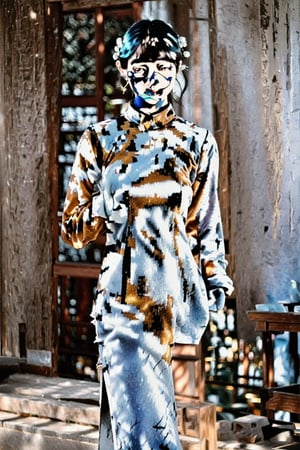 A delicate Japanese woman, adorned in a cheongsam dress, stands radiantly under soft, warm lighting. The camera's focus falls on her captivating curves, subtly blurring the background as she poses with elegance and poise. Her expression is serene, inviting the viewer to step into her tranquil world.