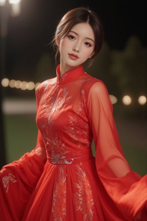 (A youthful & gorgeous Korean-Japanese beauty, Fashion model, Vibrant Red Traditional Qipao, Cheongsam, Chinese dress, Intricate patterns, Translucent silky sleeves, Outdoor, Night, Looking at the viewer, Natural pose, Kind smile, Feminine, gentle expression.

High quality, quality, high details, detail, super detailed, Beautiful detailed face, beautiful face, beautiful detailed facial features, beautiful detailed eyes, porcelain Complexion, short Bob Hair, Side Ponytail, Ample round bosom, Anatomically correct, head-to-knee.

Cool lighting, Cowboy shot, Low Angle Shot, Award-winning, Masterpiece, Bokeh dark background, SAFE FOR WORK. SFW.)