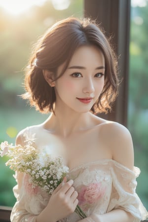 (a model of a Asian woman, dressed in a white strapless dress adorned with a floral pattern. She is holding a bouquet of white and pink flowers, her hair cascades over her shoulders. Her eyes are a piercing blue, her lips are a deep red, and she is wearing a pair of gold earrings, adding a touch of sparkle to her face. The backdrop is a verdant window, providing a natural backdrop to the scene. 
Natural pose, morning dawn, Sun Flare, Kind smile, Feminine, gentle expression.

High quality, quality, high details, detail, super detailed, Beautiful detailed face, beautiful face, beautiful detailed facial features, beautiful detailed eyes, porcelain Complexion, short Bob Hair, Side Ponytail, Ample round bosom, hourglass figure, Anatomically correct,

Natural lighting, Cowboy Shot, From Behind, From Side, Close-up shot, Award-winning, Masterpiece, Bokeh background, SAFE FOR WORK. SFW.)