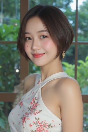 (a model of a Asian woman, dressed in a high-neck white strapless dress adorned with a floral pattern. Her short hair is very cute. Her eyes are a piercing blue, her lips are a deep red, and she is wearing a pair of gold earrings, adding a touch of sparkle to her face. The backdrop is a verdant window, providing a natural backdrop to the scene. 
Natural pose, starry night, Lens flare, Kind smile, Feminine, gentle expression.

High quality, quality, high details, detail, super detailed, Beautiful detailed face, beautiful face, beautiful detailed facial features, beautiful detailed eyes, porcelain Complexion, Short Bob Hair, Side Ponytail, Ample round bosom, hourglass figure, Anatomically correct,

Natural lighting, Cowboy Shot, Close-up shot, Award-winning, Masterpiece, Bokeh background, SAFE FOR WORK. SFW.)