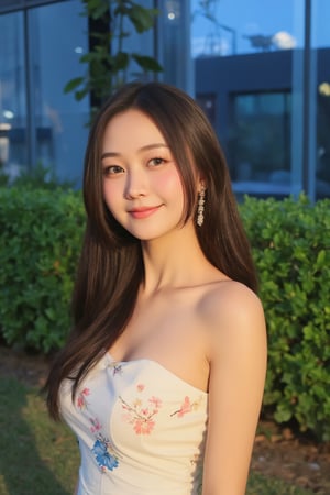 (a model of a Asian woman, dressed in a high-neck white strapless dress adorned with a floral pattern. Her long straight hair cascades over her shoulders. Her eyes are a piercing blue, her lips are a deep red, and she is wearing a pair of gold earrings, adding a touch of sparkle to her face. The backdrop is a verdant window, providing a natural backdrop to the scene. 
Natural pose, night sky, Lens flare, Kind smile, Feminine, gentle expression.

High quality, quality, high details, detail, super detailed, Beautiful detailed face, beautiful face, beautiful detailed facial features, beautiful detailed eyes, porcelain Complexion, short Bob Hair, Side Ponytail, Ample round bosom, hourglass figure, Anatomically correct,

Natural lighting, Cowboy Shot, Award-winning, Masterpiece, Bokeh background, SAFE FOR WORK. SFW.)