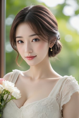 (a model of a Asian woman, dressed in a white strapless dress adorned with a floral pattern. She is holding a bouquet of white and pink flowers, her hair cascades over her shoulders. Her eyes are a piercing blue, her lips are a deep red, and she is wearing a pair of gold earrings, adding a touch of sparkle to her face. The backdrop is a verdant window, providing a natural backdrop to the scene. 
Natural pose, morning dawn, Sun Flare, Kind smile, Feminine, gentle expression.

High quality, quality, high details, detail, super detailed, Beautiful detailed face, beautiful face, beautiful detailed facial features, beautiful detailed eyes, porcelain Complexion, short Bob Hair, Side Ponytail, Ample round bosom, hourglass figure, Anatomically correct,

Natural lighting, Cowboy Shot, From Behind, From Side, Close-up shot, Award-winning, Masterpiece, Bokeh background, SAFE FOR WORK. SFW.)