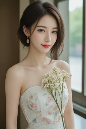 (a model of a Asian woman, dressed in a white strapless dress adorned with a floral pattern. She is holding a bouquet of white and pink flowers, her hair cascades over her shoulders. Her eyes are a piercing blue, her lips are a deep red, and she is wearing a pair of gold earrings, adding a touch of sparkle to her face. The backdrop is a verdant window, providing a natural backdrop to the scene. 
Natural pose, morning dawn, Sun Flare, Kind smile, Feminine, gentle expression.

High quality, quality, high details, detail, super detailed, Beautiful detailed face, beautiful face, beautiful detailed facial features, beautiful detailed eyes, porcelain Complexion, short Bob Hair, Side Ponytail, Ample round bosom, hourglass figure, Anatomically correct,

Natural lighting, Cowboy Shot, From Behind, From Side, Close-up shot, Award-winning, Masterpiece, Bokeh background, SAFE FOR WORK. SFW.)