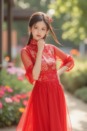 (A youthful & gorgeous Korean-Japanese beauty, Fashion model, Vibrant Red Traditional Qipao, Cheongsam, Chinese dress, Intricate patterns, Translucent silky sleeves, Natural pose, serene patio, variety of colorful flowers creates a vibrant and picturesque scenery, Sun flare, Kind smile, Feminine, gentle expression,

High quality, quality, high details, detail, super detailed, Beautiful detailed face, beautiful face, beautiful detailed facial features, beautiful detailed eyes, porcelain Complexion, short Bob Hair, Side Ponytail, Ample round bosom, Anatomically correct, Head-to-Waist, 


Natural lighting, Close-up shot, Award-winning, Masterpiece, Bokeh background, SAFE FOR WORK. SFW.)