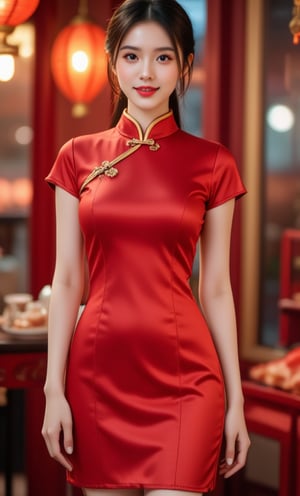 (A youthful & gorgeous Korean-Japanese beauty, Red Cheongsam Traditional Qipao dress, Pasar Malam, Night Market. Warm, soft-boiled lighting. Porcelain Complexion. Translucent silky sleeves. Short Ponytail. Ample round bosom, natural pose, kind smile. Masterpiece. Bokeh. SAFE FOR WORK.)