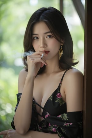 (a model of a Asian woman, dressed in Criss-crossed front straps black dress, adorned with a floral pattern. She is smoking a cigarette, her hair cascades over her shoulders. Her eyes are a piercing blue, her lips are a deep red, and she is wearing a pair of gold earrings, adding a touch of sparkle to her face. A verdant window, providing a natural backdrop to the scene. Starry Night. Smoke surroundings.
Natural pose, Kind smile, Feminine, gentle expression.

High quality, quality, high details, detail, super detailed, Beautiful detailed face, beautiful face, beautiful detailed facial features, beautiful detailed eyes, porcelain Complexion, short straight hair, Bob Hair, Side Ponytail, Ample round bosom, hourglass figure, Anatomically correct, head-to-knee,

Natural lighting, Cowboy shot, Award-winning, Masterpiece, Bokeh background, SAFE FOR WORK. SFW.)