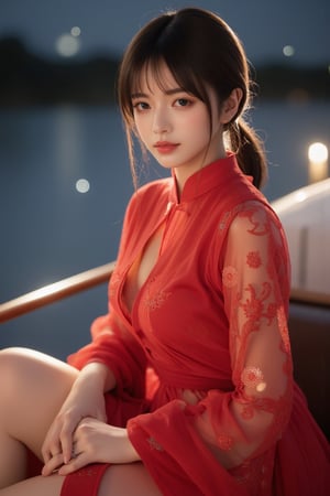 (A youthful & gorgeous Korean-Japanese beauty, Fashion model, Vibrant Red Traditional Qipao, Cheongsam, Chinese dress, Intricate patterns, Translucent silky sleeves, on a boat, river, Outdoor, Starry night, Looking at the viewer, Natural pose, Kind smile, Feminine, gentle expression.

High quality, quality, high details, detail, super detailed, Beautiful detailed face, beautiful face, beautiful detailed facial features, beautiful detailed eyes, porcelain Complexion, short Bob Hair, Side Ponytail, Ample round bosom, Anatomically correct, head-to-knee.

Cool lighting, Cowboy shot, Close-up shot, Award-winning, Masterpiece, Bokeh background, SAFE FOR WORK. SFW.)