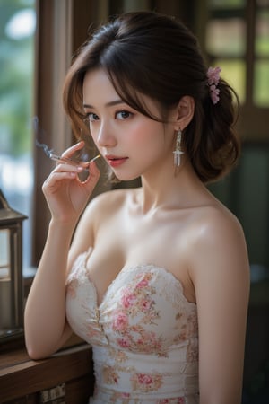 (a model of a Asian woman, dressed in a high-neck white strapless dress adorned with a floral pattern. She is holding a lit cigarette, her hair cascades over her shoulders. Her eyes are a piercing blue, her lips are a deep red, and she is wearing a pair of gold earrings, adding a touch of sparkle to her face. A verdant window provides a natural backdrop to the scene. 
Natural pose, night sky, Kind smile, Feminine, gentle expression.

High quality, quality, high details, detail, super detailed, Beautiful detailed face, beautiful face, beautiful detailed facial features, beautiful detailed eyes, porcelain Complexion, short Bob Hair, Side Ponytail, Ample round bosom, hourglass figure, Anatomically correct, head-to-knee,

Natural lighting, Cowboy shot, Award-winning, Masterpiece, Bokeh background, SAFE FOR WORK. SFW.)