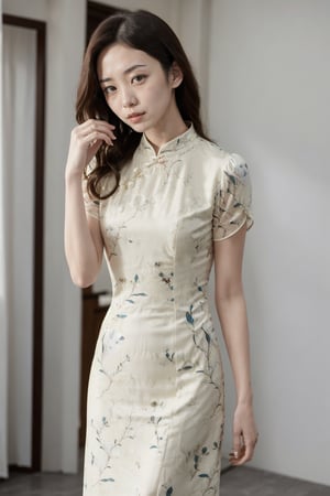 A delicate Japanese woman, adorned in a cheongsam dress, stands radiantly under soft, warm lighting. The camera's focus falls on her captivating curves, subtly blurring the background as she poses with elegance and poise. Her expression is serene, inviting the viewer to step into her tranquil world.