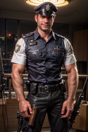 4k,best quality,masterpiece,arrogant 30 year old,Ultra-realistic,sharp, Hyper grisp rendering,realistically rendering, perfect proportions , body hair, dewy, glowing skin,glistening oiled skin , healthy lip, random hand, cute smile , arms veins, arms hair,holding  gun,Thai khaki color police officer uniform 