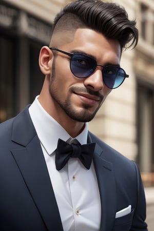 A close-up shot of an tailored man wearing trendy sunglasses and a dashing smile. His chiseled upper body, toned from years of working out, is visible beneath his fitted black suit. A crisp blue shirt adds a touch of elegance to the overall look. The focus remains on the subject's face, with a sharp, realistic rendering that accentuates the definition in his features. His undercut hairstyle.