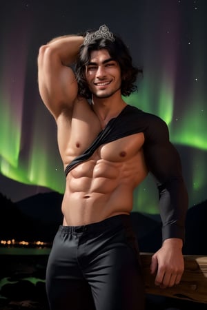 4k,best quality,masterpiece,20yo 1man,(black suit and pants, alluring smile, head ornaments 

(Beautiful and detailed eyes),
Detailed face, detailed eyes, double eyelids ,thin face, real hands, muscular fit body, semi visible abs, ((short hair with long locks:1.2)), black hair, aurora background, painted brush ink background


real person, color splash style photo,
