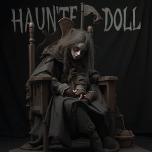 1girl, looking at viewer, haunted doll sit pose on old chair, with text 'HAUNTED DOLL' with horror font