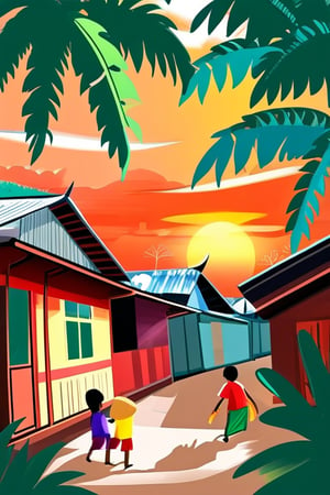 Stunning Malay village view with beautiful sunset. The children are playing around the malay village with friends and cat.