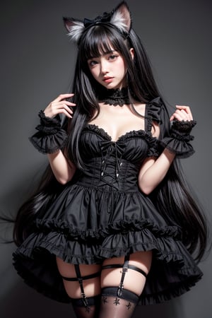 1girl, solo, long hair, black hair, thighhighs, gloves, dress, bow, animal ears, frills, black thighhighs, cat ears, fingerless gloves, black dress, lolita fashion, realistic, gothic lolita, gothic