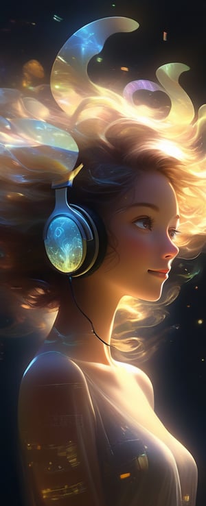 A mesmerizing portrait of a charming young woman bathed in the warm glow of bioluminescent notes and glowing headphones. With her head slightly tilted, she lovingly looks at the viewer, her gentle smile promoting a sense of peace and joy. Her alluring figure is set against a dark, dreamscape background, where heavy brushstrokes evoke a sense of mystery. The X-ray-like transparency reveals intricate mystical aura surrounding her, as if she's conjuring up magic. Vibrant music notes swirl around her, blending with the double exposure effect to create a hyperrealistic fusion of fantasy and reality. The golden ratio guides the composition, leading the viewer's eye through a dynamic dance of light and shadow, culminating in a truly magical masterpiece.